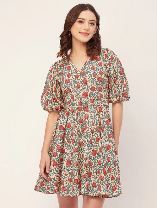 Women Ethnic Floral Printed Fit & Flare Dress (Size-S)