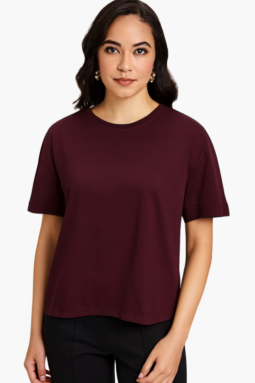 Women’s Burgundy Crew Neck Relaxed Fit Tee