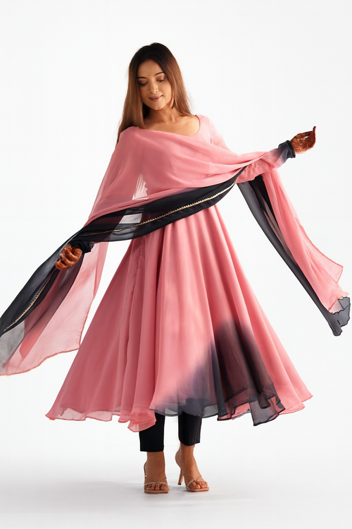 Women's Anarkali Suit Set – Pink & Black Ethnic Dress with Dupatta