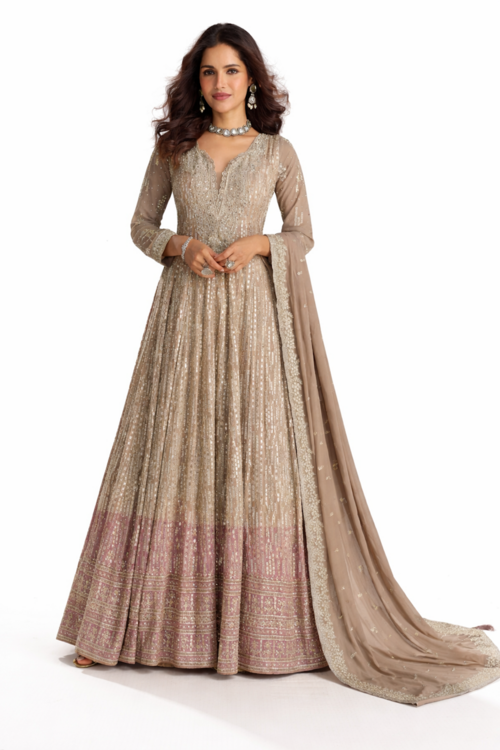Elegant Taupe and Pink Embellished Anarkali Suit