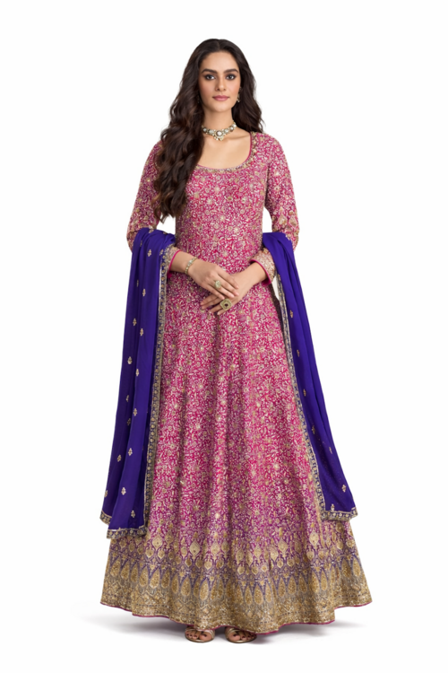 Pink Embroidered Anarkali with Blue Dupatta