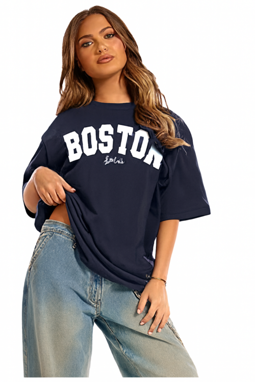 Women's Oversized Navy Blue Boston Graphic Tee