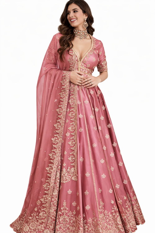 Pink Embroidered Anarkali Gown with Dupatta