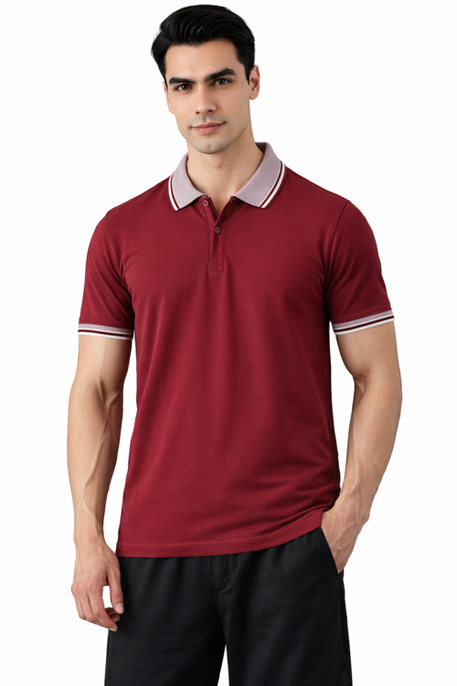 Maroon Polo Shirt with Tipped Collar and Sleeves